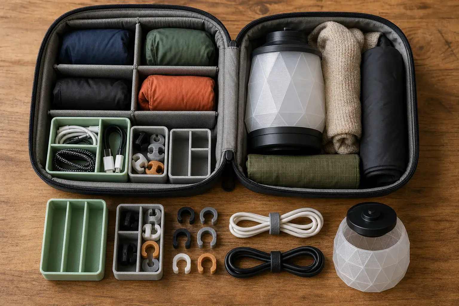 Bolsa de viaje abierta con divisores, clips para cables y accesorios pequeños impresos en 3D