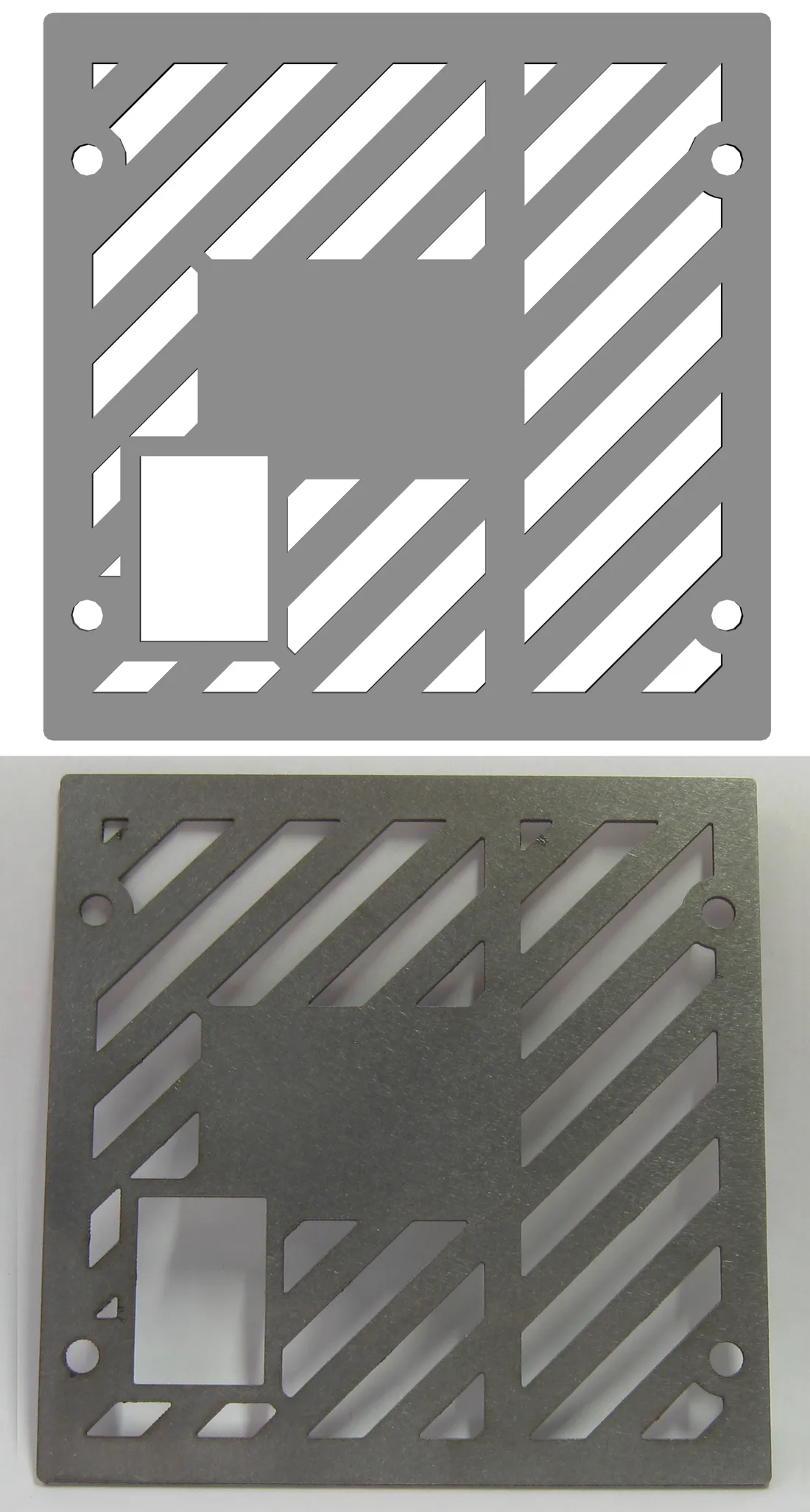 Arriba el dibujo vectorial de una pieza calada; abajo la misma pieza ya cortada en metal, con la geometría idéntica