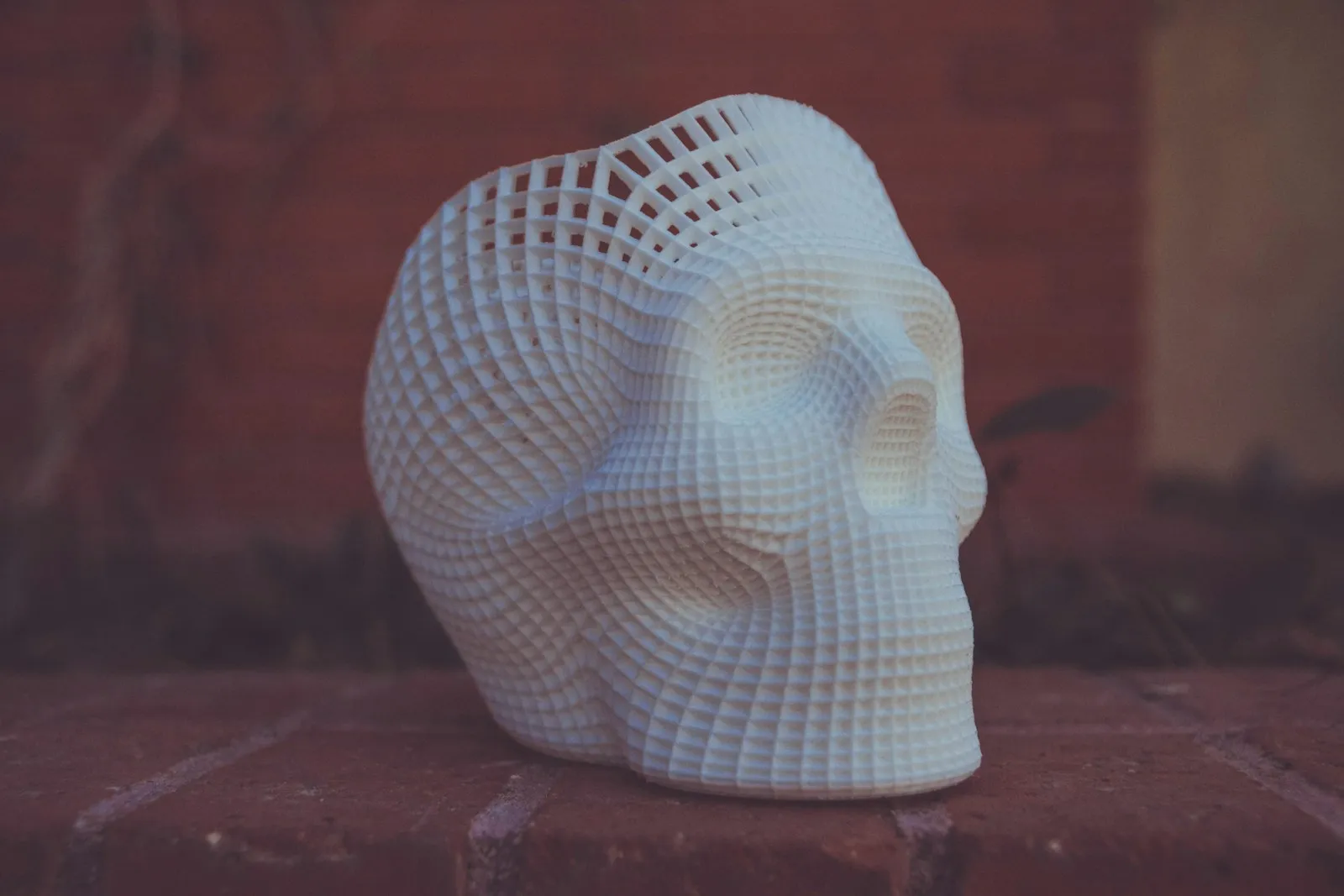 Escultura de un cráneo humano impresa en 3D en blanco, con la superficie resuelta como una retícula calada que deja ver el interior