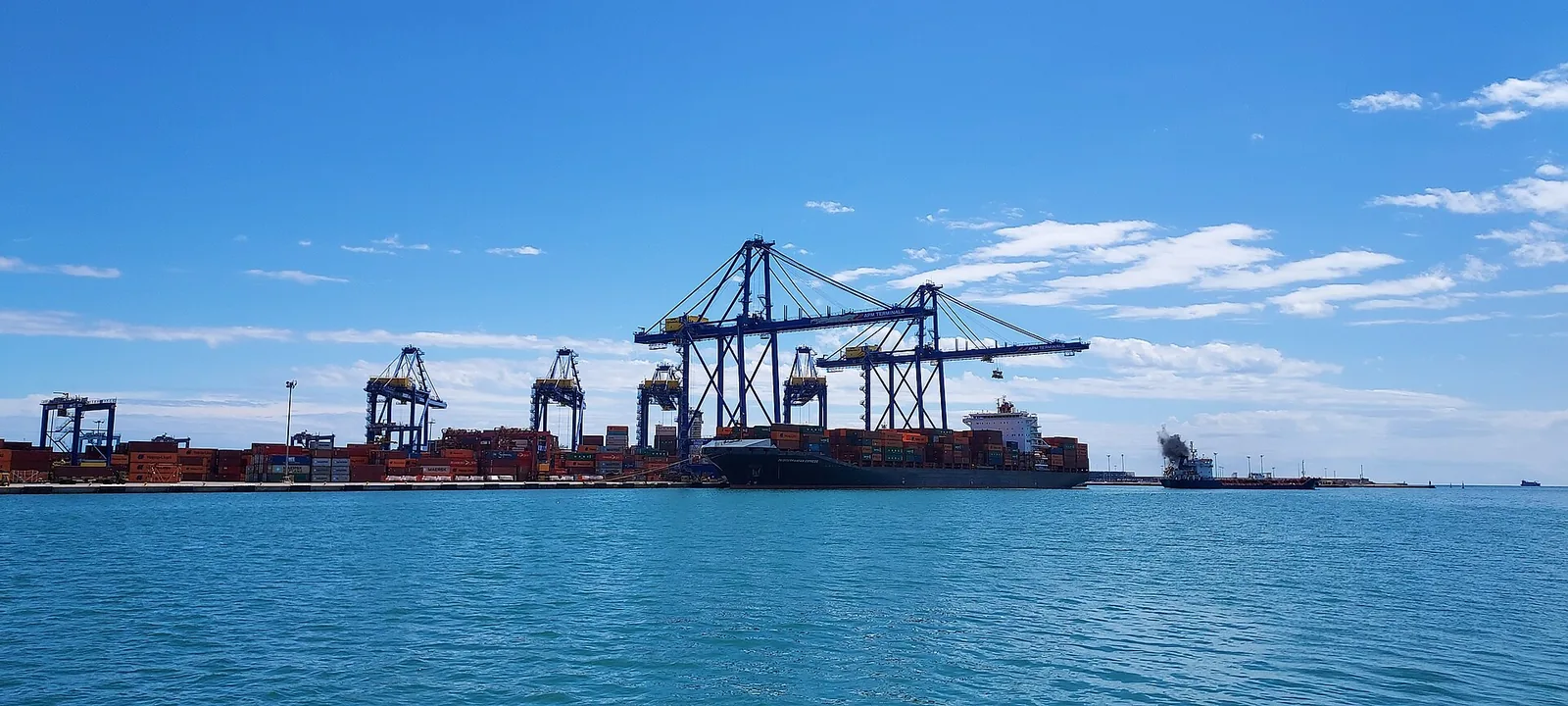 Buque portacontenedores atendido por grúas en el muelle de Levante del puerto de Valencia, España