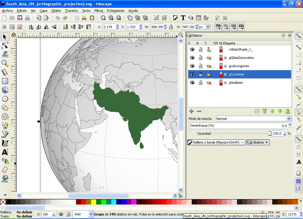 Inkscape con la interfaz en español editando un mapa vectorial: el lienzo con el dibujo y el panel de objetos con las capas del documento