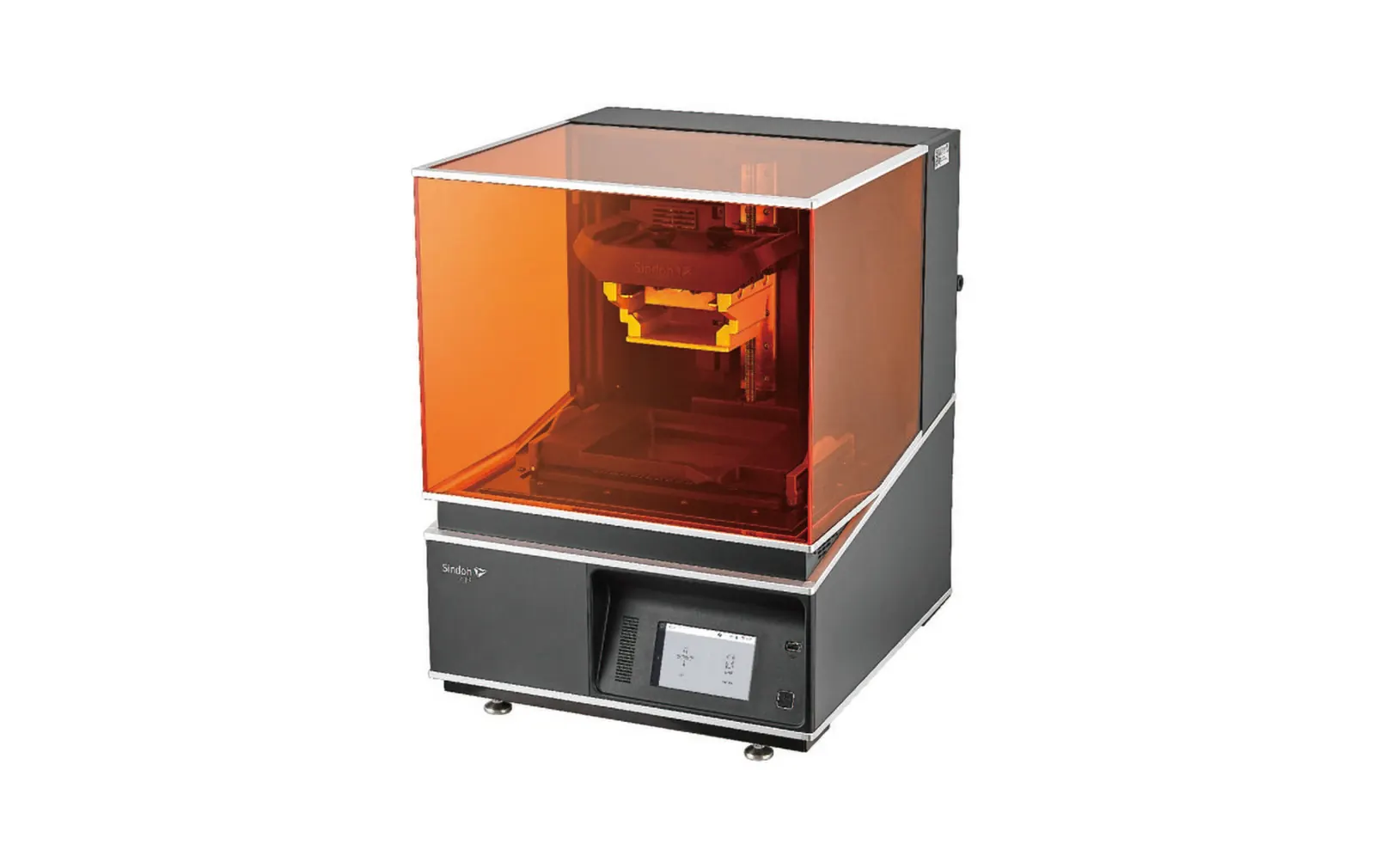 Máquina de resina con cubierta naranja translúcida que deja ver la plataforma y el mecanismo interior