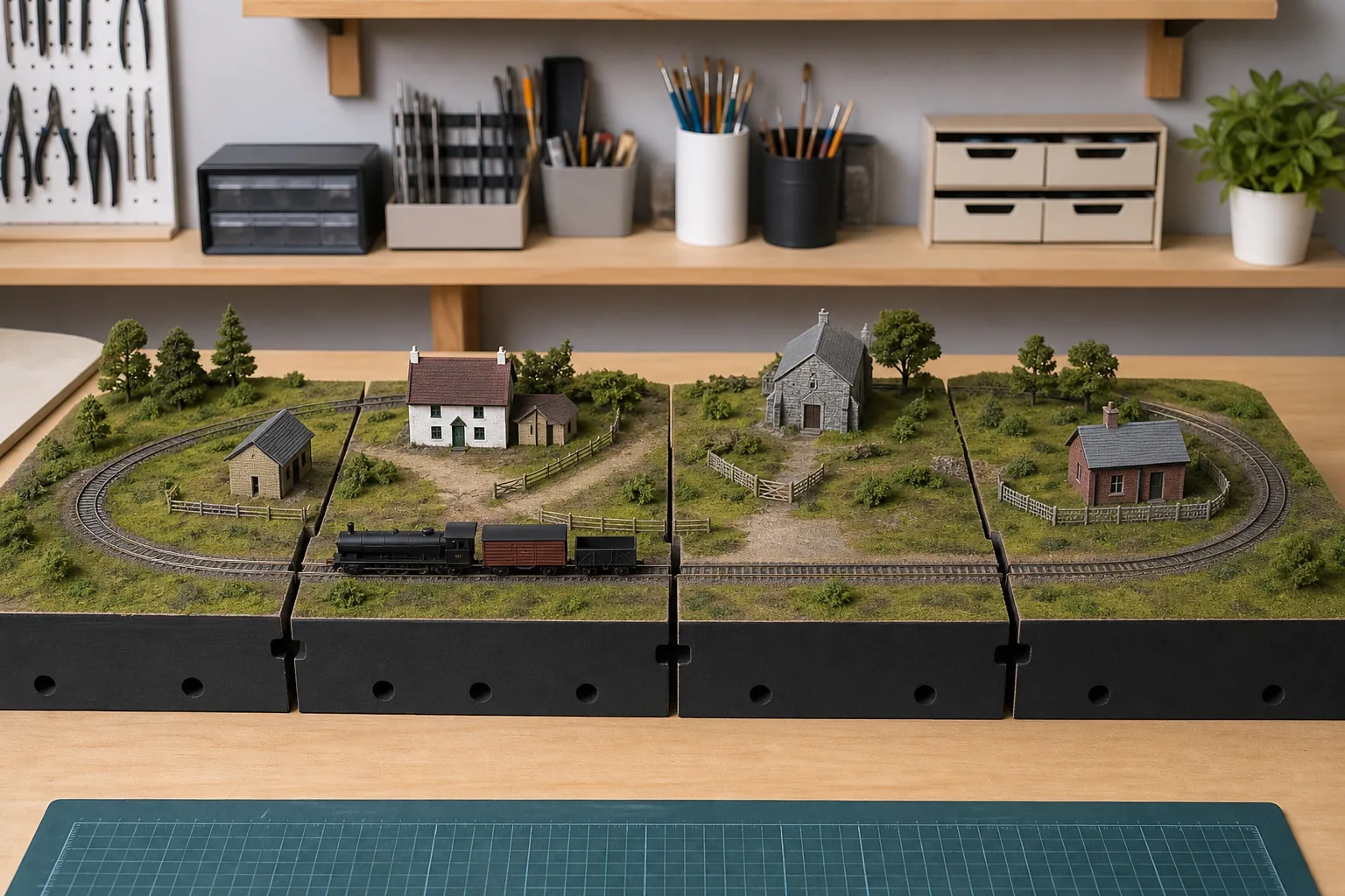 Ilustración realista de un diorama ferroviario genérico en cuatro módulos desmontables, con juntas y una vía continua visibles
