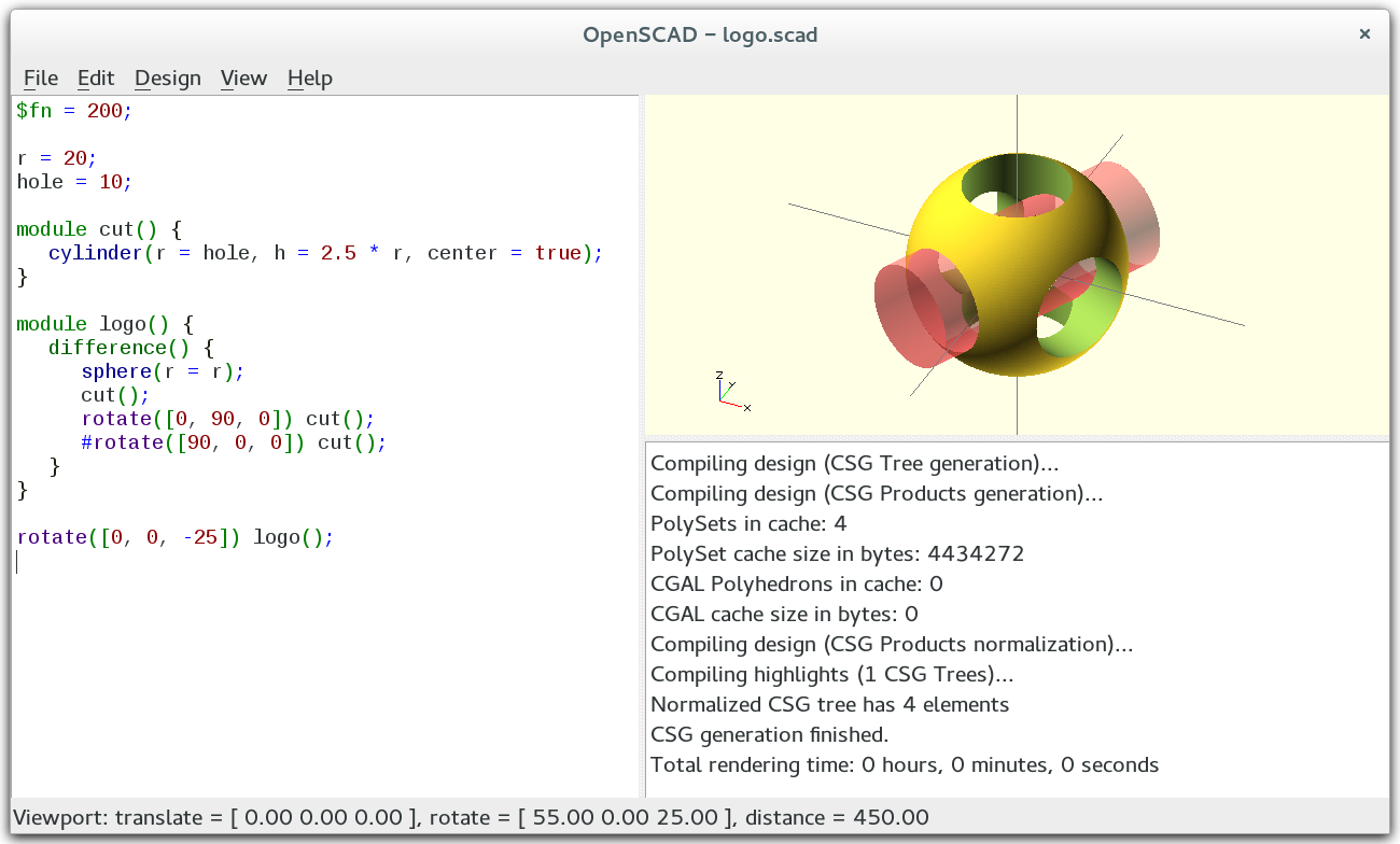Ventana de OpenSCAD con el código a la izquierda y la esfera perforada que ese código genera a la derecha