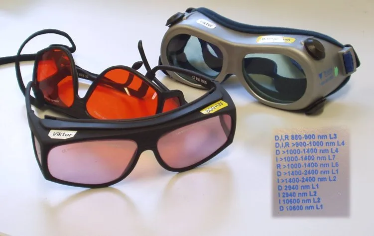 Tres gafas de protección láser con cristales de distinto color, junto a una etiqueta que lista longitudes de onda