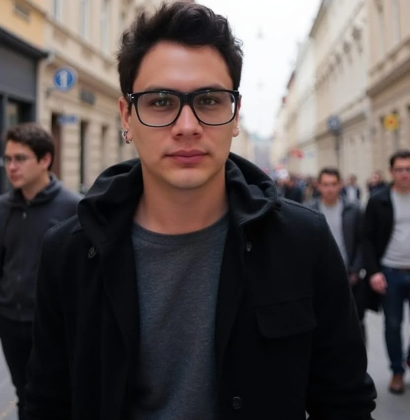Sergio Brito Vázquez, ingeniero en Mecatrónica y creador de Ruta 3D: retrato con gafas de pasta oscura y abrigo negro en una calle de la ciudad