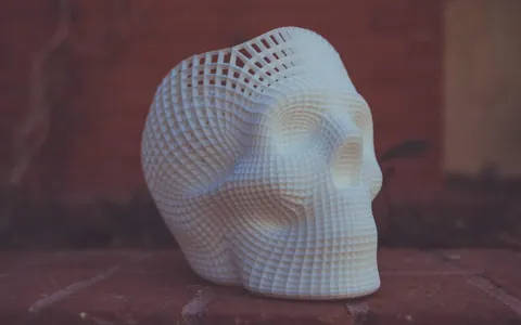 Cráneo con patrón Voronoi impreso en 3D en filamento blanco