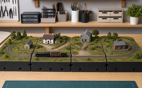 Diorama ferroviario modular con casas, vías y vegetación impresas en 3D