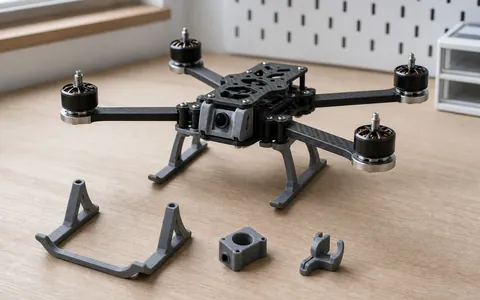 Dron de carreras con piezas impresas en 3D sobre un banco de trabajo