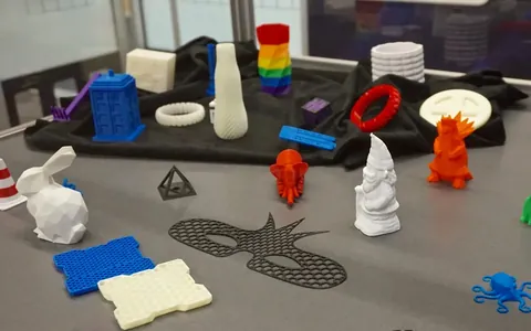 Mesa de taller llena de piezas impresas en 3D de muchos colores