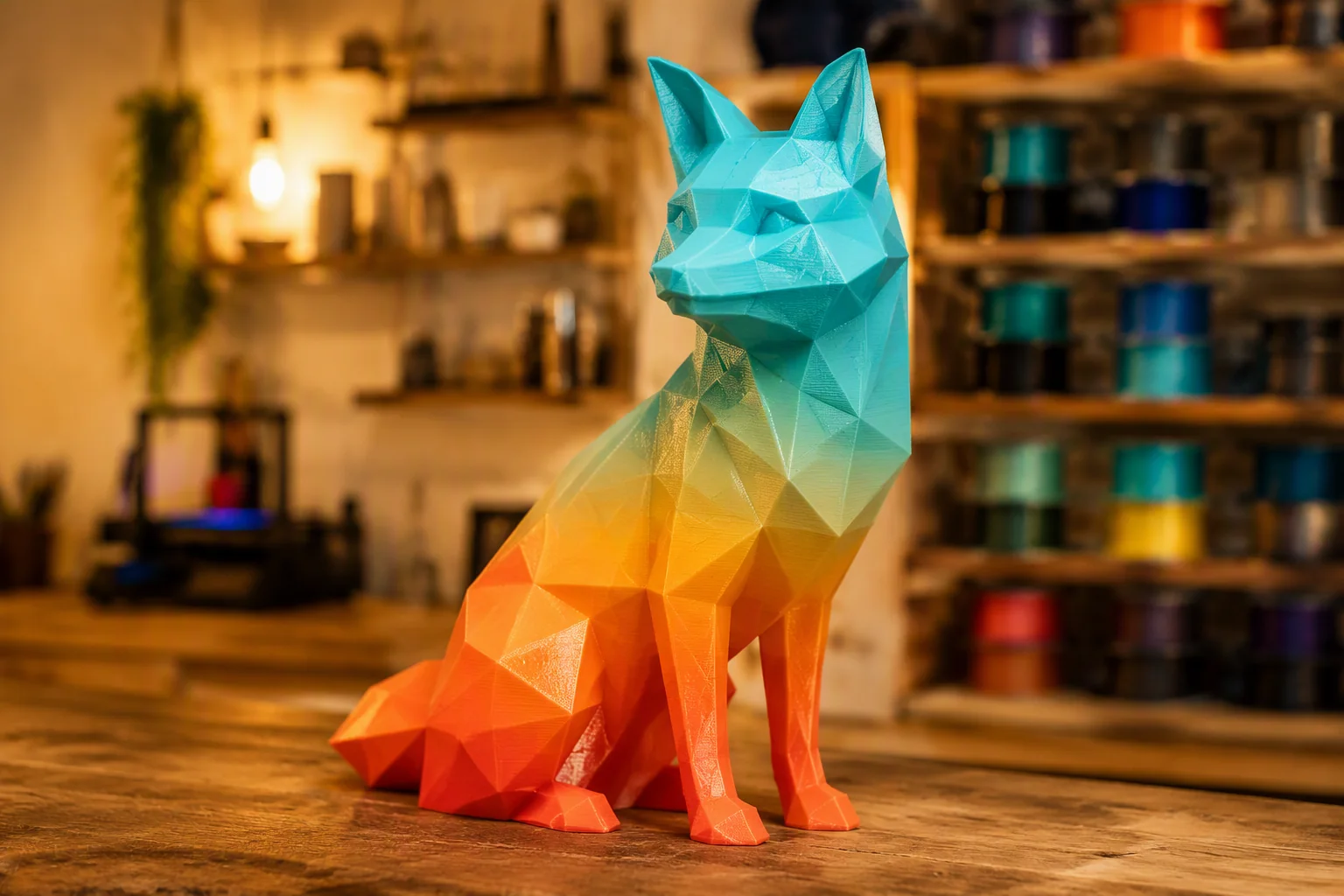 Zorro grande de estilo geométrico impreso en 3D con filamento en degradé de naranja a turquesa, sobre un banco de madera de taller